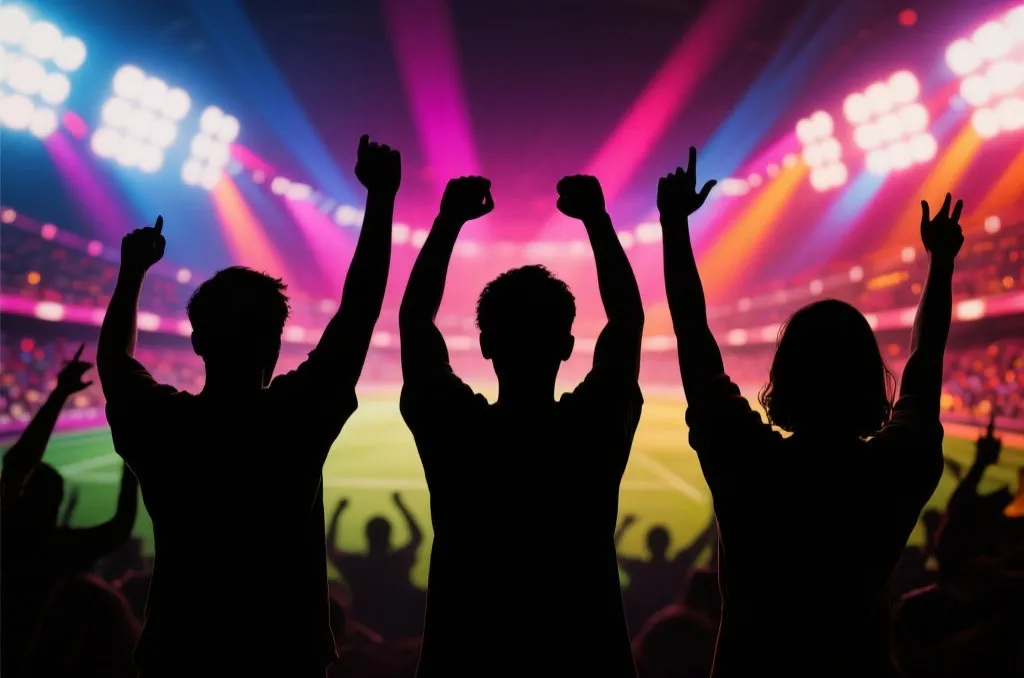 Silhouettes of passionate sports fans cheering with raised hands against a vibrant glowing stadium background